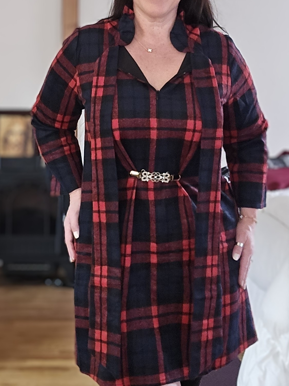 Plaid 2 Piece Matching Set Dress Long Duster Jacket Gold Belt Outfit Large L